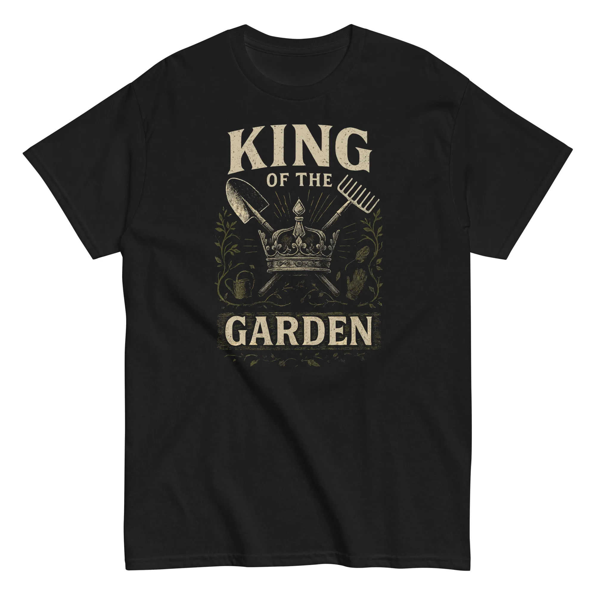 unisex-classic-tee-black-front-68d6a41dd9950.jpg T-shirt with 'King of the Garden' design