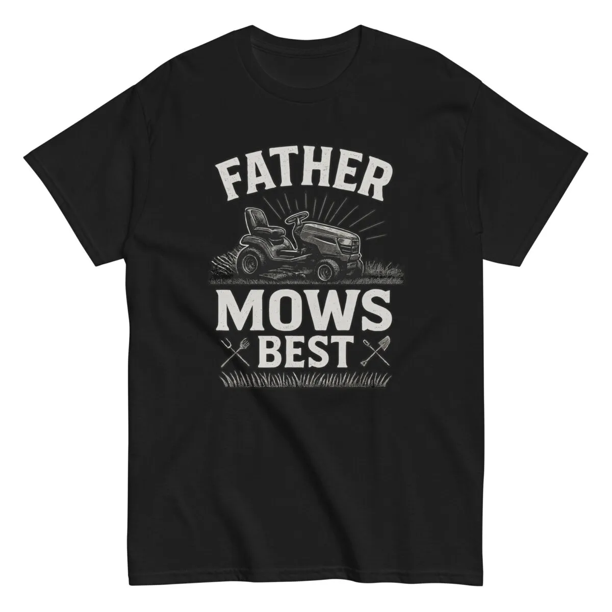 Black T-shirt with 'Father Mows Best' design.