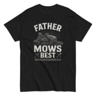 Black T-shirt with 'Father Mows Best' design.