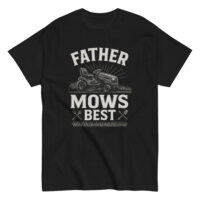 Black T-shirt with 'Father Mows Best' design.