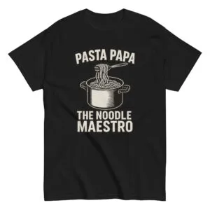 Pasta Papa Noodle Maestro T-shirt with pot graphic.