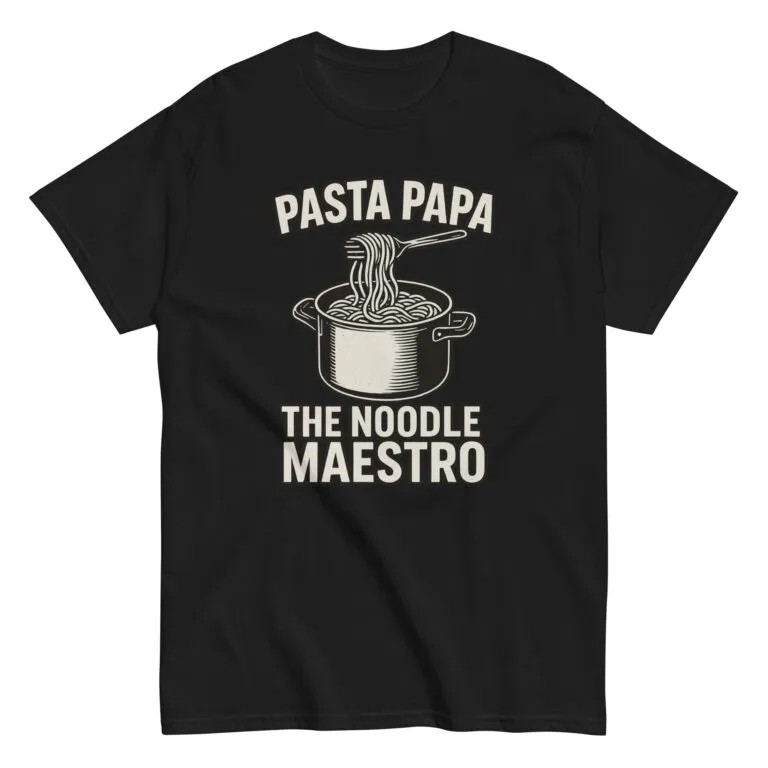 Pasta Papa Noodle Maestro T-shirt with pot graphic.