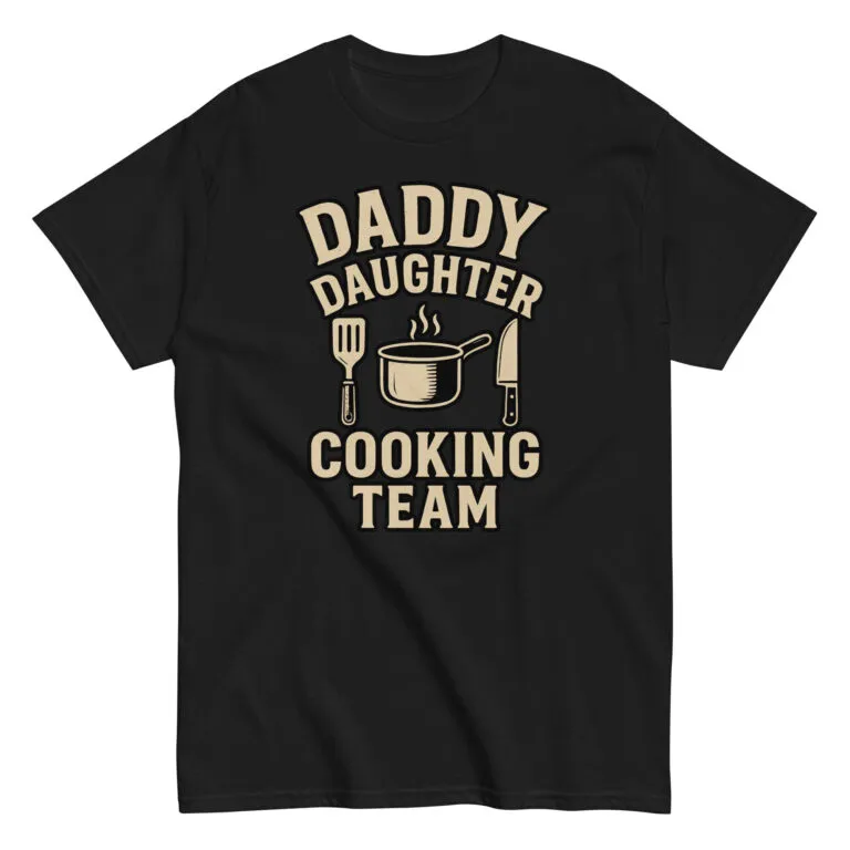 Black T-shirt with Daddy Daughter Cooking Team print.