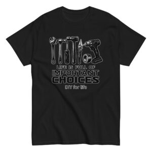 Black t-shirt with tools, DIY message.