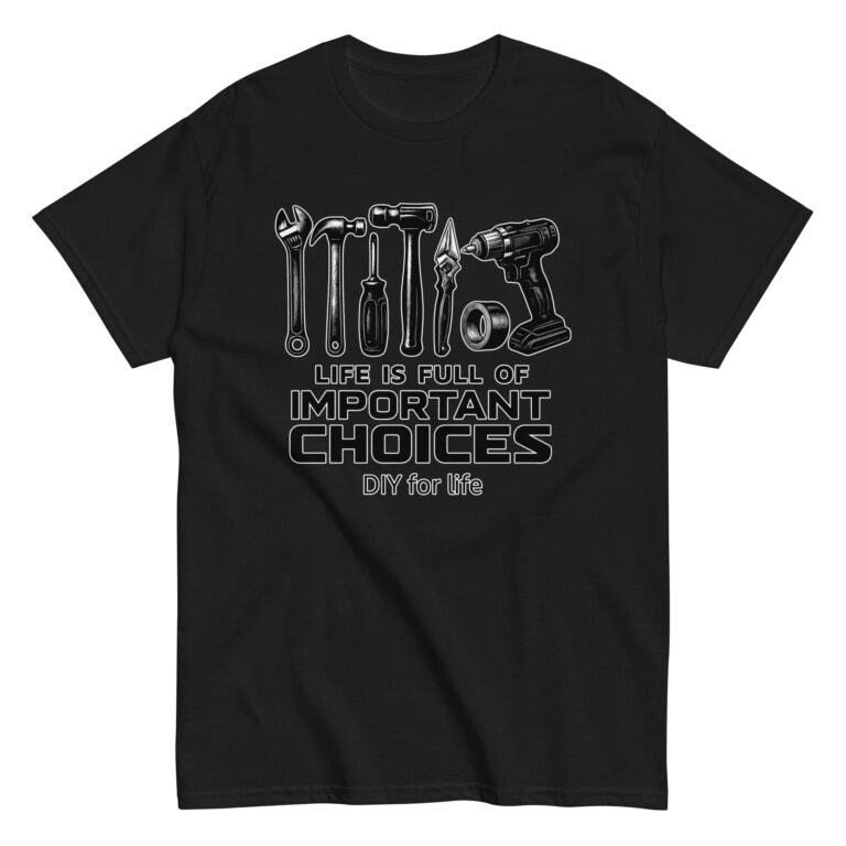 Black t-shirt with tools, DIY message.