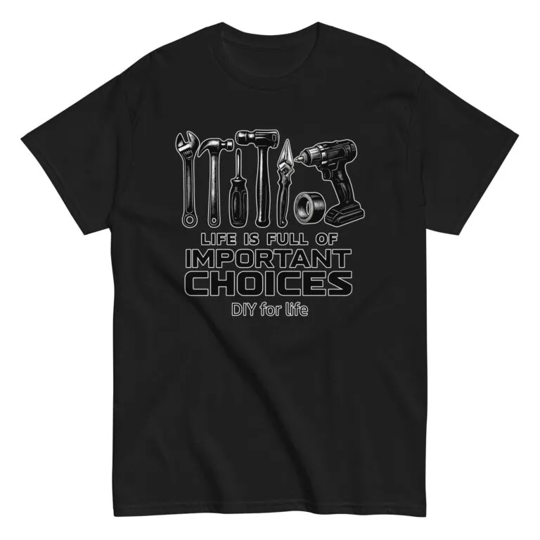 Black t-shirt with tools, DIY message.