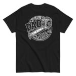 Black t-shirt with tape measure dad graphic.