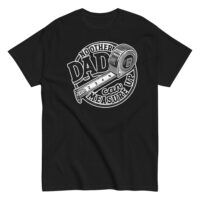 Black t-shirt with tape measure dad graphic.
