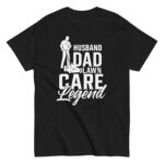 Black T-shirt featuring lawn care dad design.