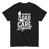 Black T-shirt featuring lawn care dad design.