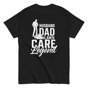 Black T-shirt featuring lawn care dad design.