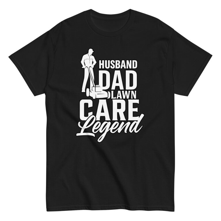Black T-shirt featuring lawn care dad design.