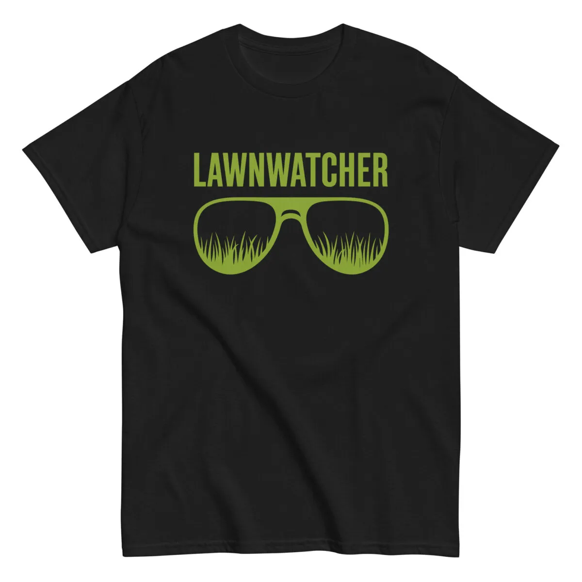 Black t-shirt with Lawnwatcher grass sunglasses design.