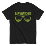 Black t-shirt with Lawnwatcher grass sunglasses design.