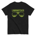 Black t-shirt with Lawnwatcher grass sunglasses design.