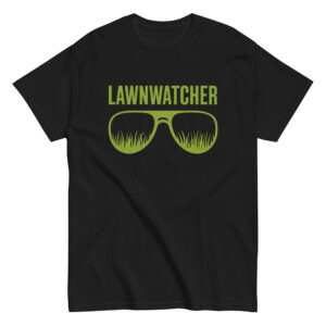 Black t-shirt with Lawnwatcher grass sunglasses design.
