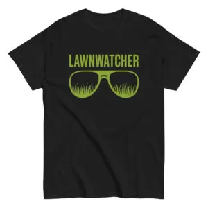 Black t-shirt with Lawnwatcher grass sunglasses design.