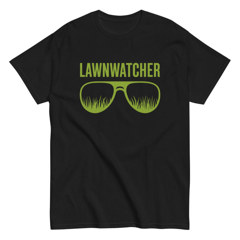 Black t-shirt with Lawnwatcher grass sunglasses design.
