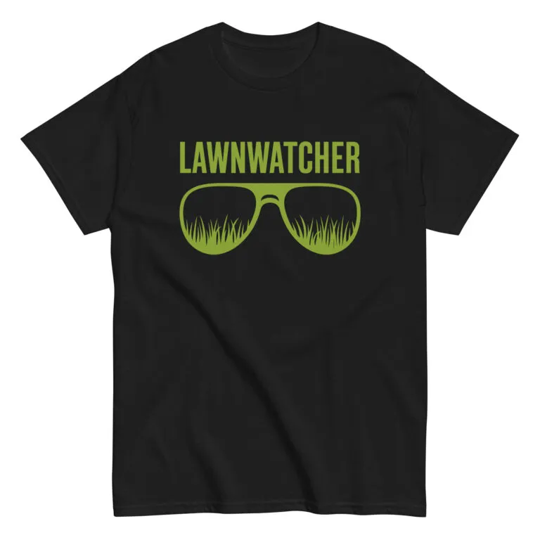 Black t-shirt with Lawnwatcher grass sunglasses design.