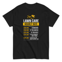 Lawn care rates humorous graphic T-shirt design.