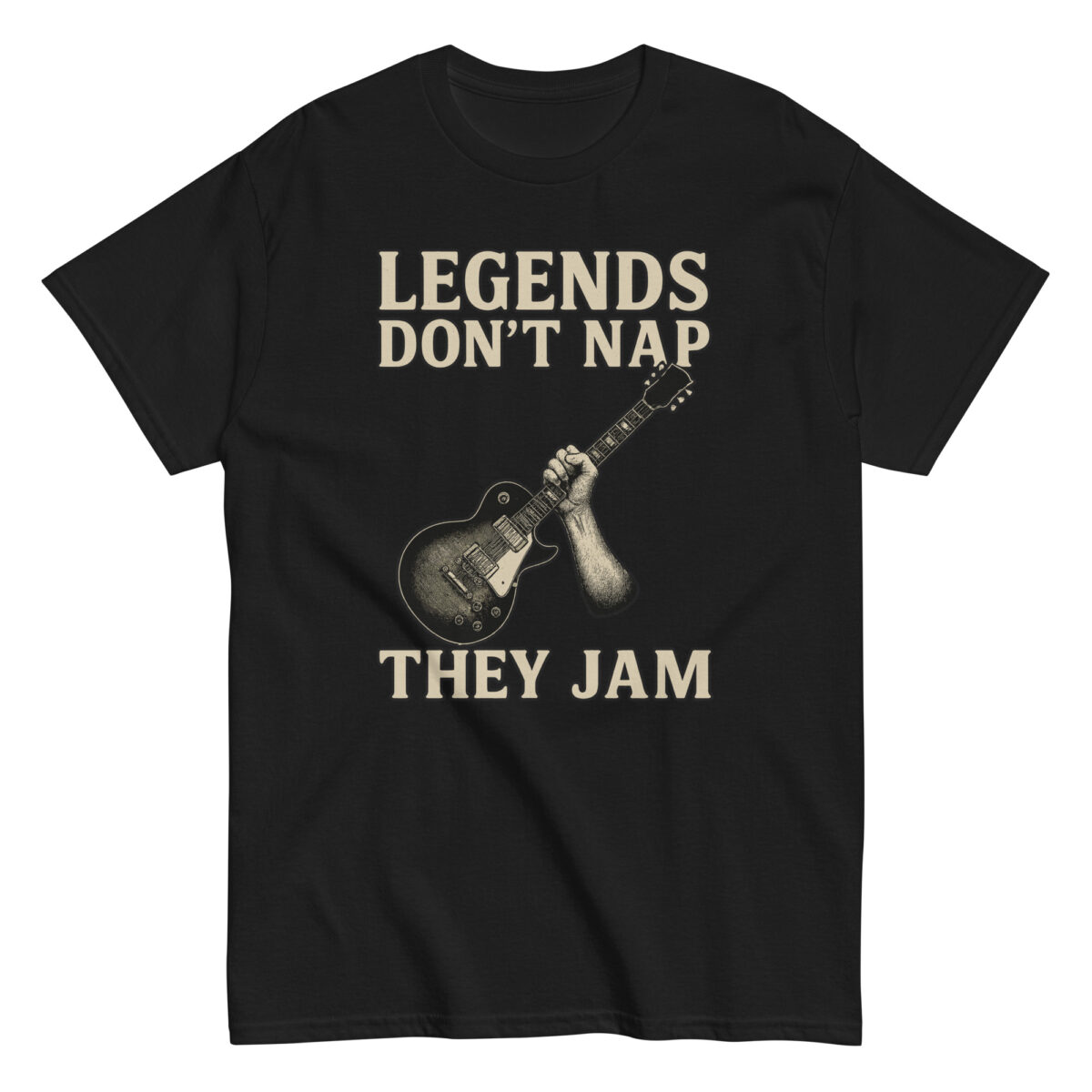 Black T-shirt with guitar and humorous text.