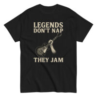 Black T-shirt with guitar and humorous text.