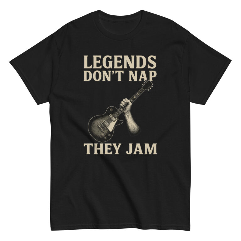 Black T-shirt with guitar and humorous text.