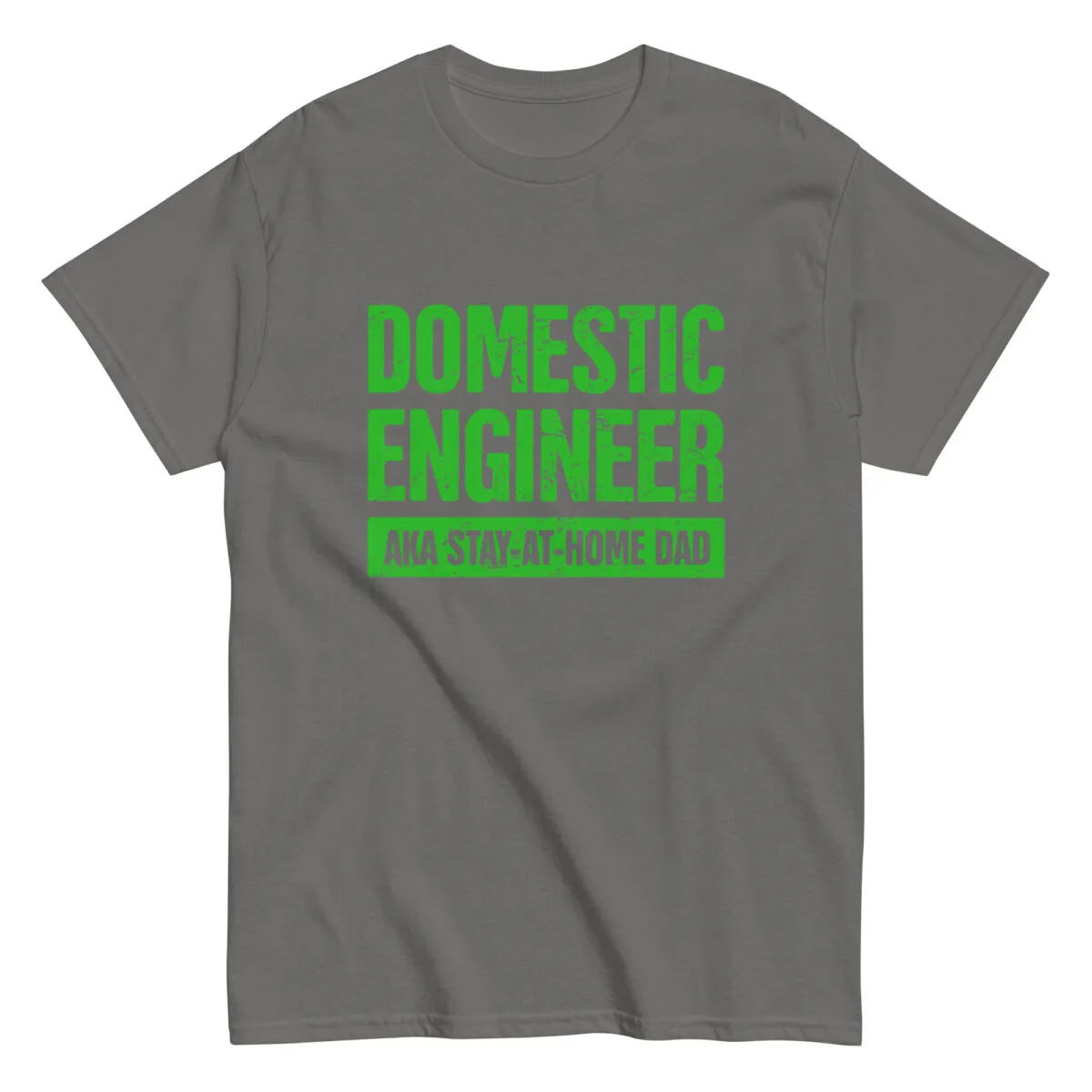 Gray T-shirt with 'Domestic Engineer' text in green.