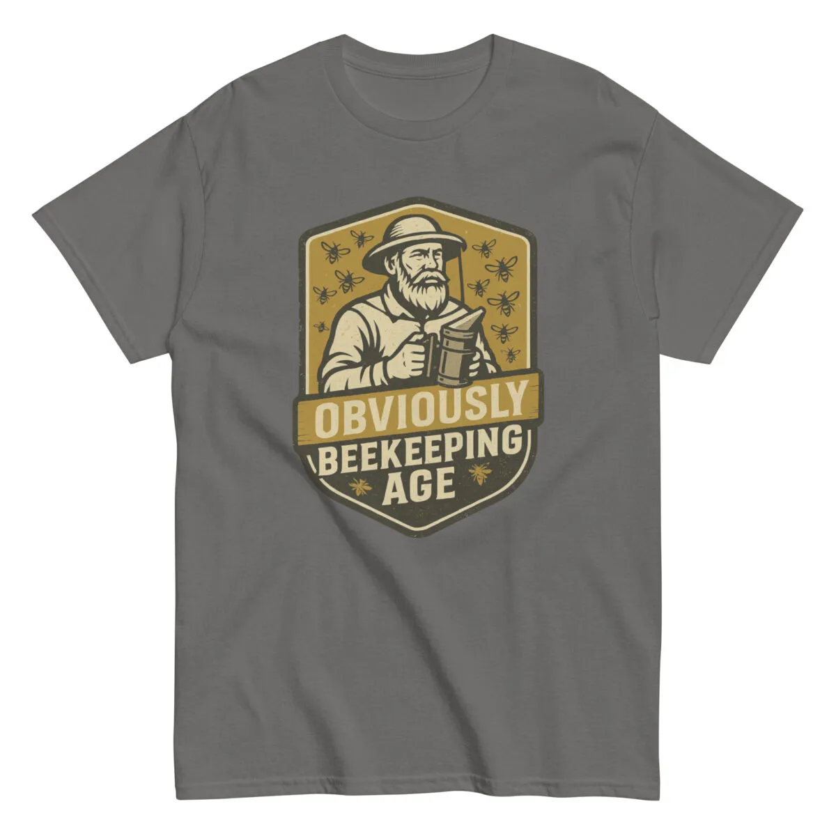 Gray t-shirt with beekeeper illustration and text.