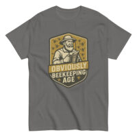 Gray t-shirt with beekeeper illustration and text.