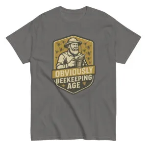 Gray t-shirt with beekeeper illustration and text.