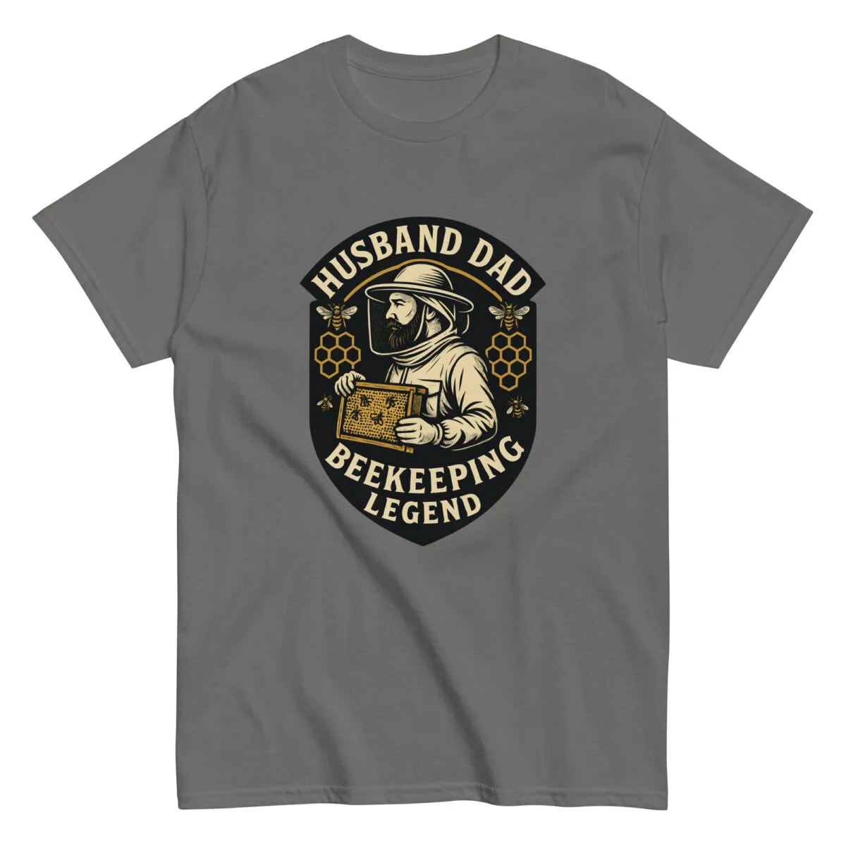 Gray t-shirt with beekeeping legend graphic.