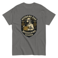 Gray t-shirt with beekeeping legend graphic.