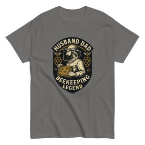 Gray t-shirt with beekeeping legend graphic.