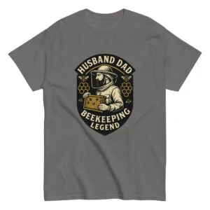 Gray t-shirt with beekeeping legend graphic.