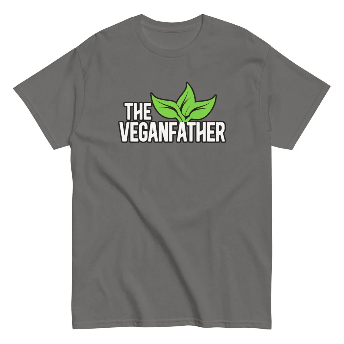 Gray T-shirt with 'The Veganfather' text and leaves.