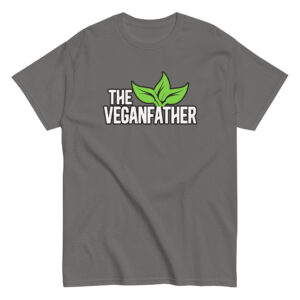 Gray T-shirt with 'The Veganfather' text and leaves.