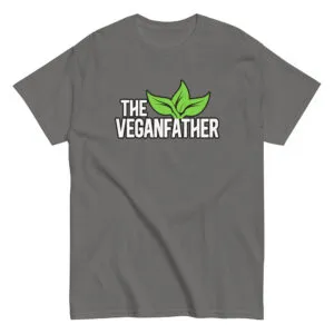 Gray T-shirt with 'The Veganfather' text and leaves.