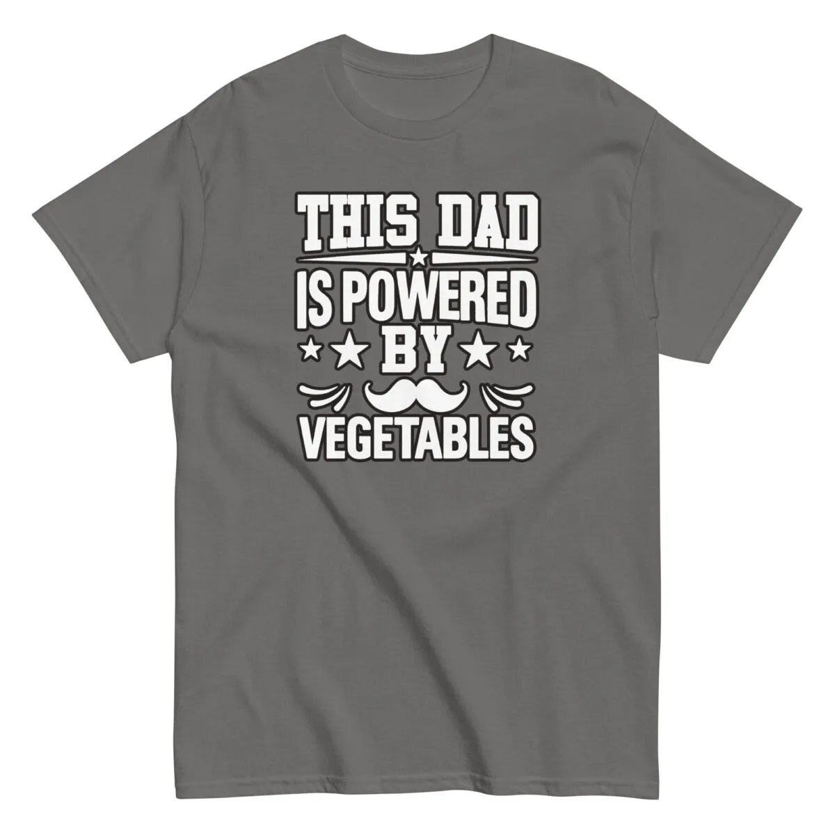 Gray T-shirt with vegetable-powered dad slogan