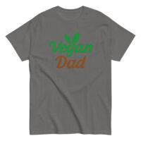 Gray t-shirt with 'Vegan Dad' design.