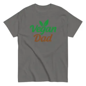 Gray t-shirt with 'Vegan Dad' design.