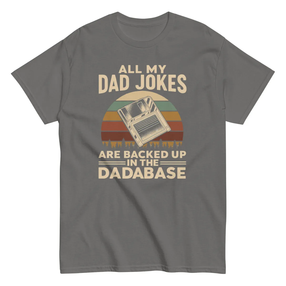 Gray t-shirt with dad jokes database pun design.
