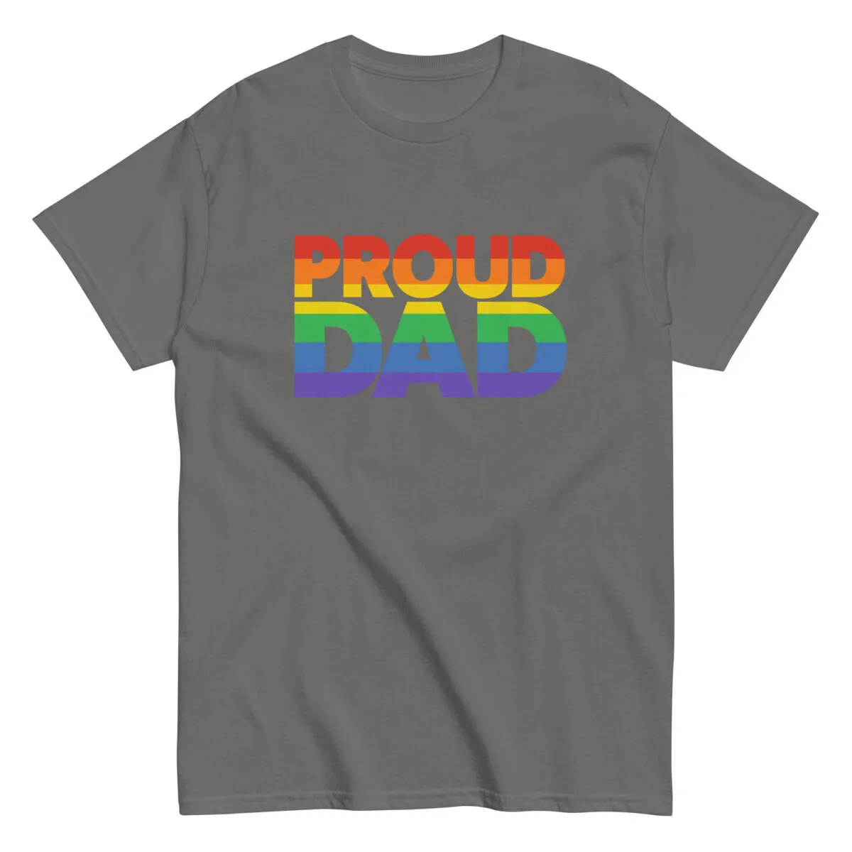 Gray T-shirt with 'Proud Dad' rainbow text
