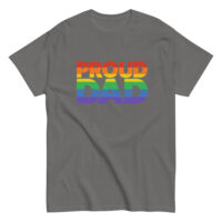 Gray T-shirt with 'Proud Dad' rainbow text