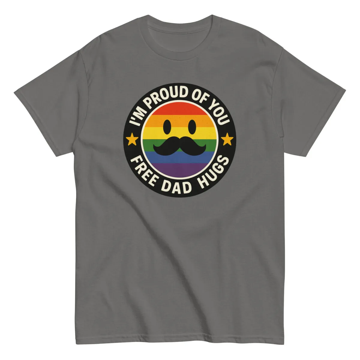 Gray t-shirt with pride mustache design.