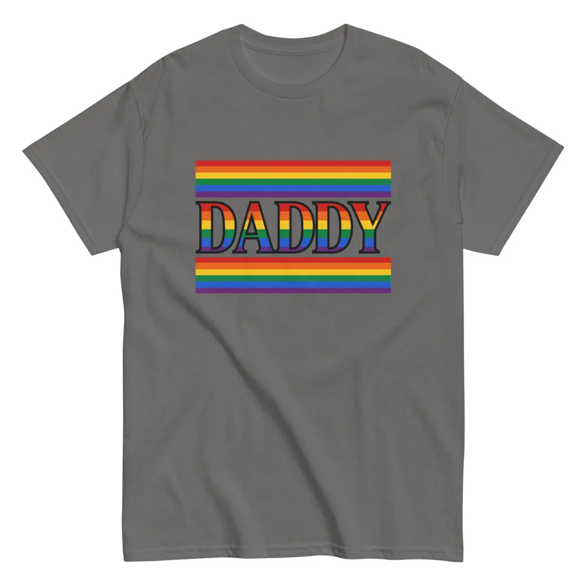 Gray t-shirt with rainbow 'Daddy' text design.