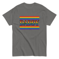Gray t-shirt with rainbow 'Daddy' text design.