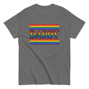 Gray t-shirt with rainbow 'Daddy' text design.
