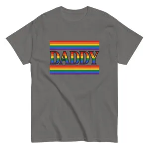 Gray t-shirt with rainbow 'Daddy' text design.