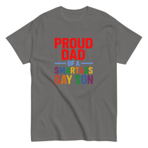 Gray shirt with colorful proud dad message.